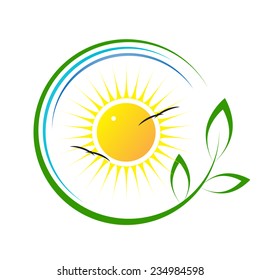 Logo. Couple of birds against the sun and an abstract tree with leaves