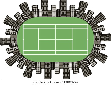 logo court tennis team, the stadium is surrounded by houses and town buildings in vector