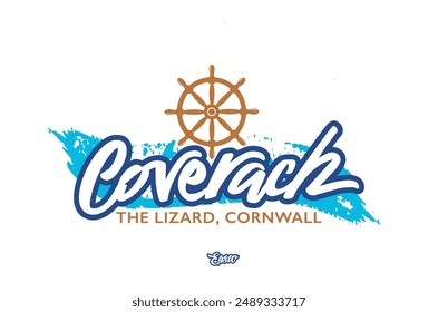 Logo de Coverack en el suroeste de Cornualles, Reino Unido, con la palabra 'Coverack' como escritura dibujada a mano y un fondo de trazo de pincel pintado a mano y rueda de barco, que indica el mar