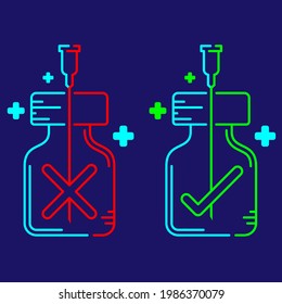 Logo-Covid-19-Impfstoff Kreuz-und Check-Markierung in Flasche und Spritze Tipp mit Kreuzsymbol, Nebenwirkungen bei der Impfung riskieren die richtige und falsche Wahl Abbildung rot grün einzeln auf dunkelblauem Hintergrund