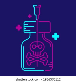 Logo covid-19 vaccine Crossbones symbol in bottle and Syringe Tip with cross icon, Vaccination problem risk dead concept design illustration blue, purple color isolated on dark blue background