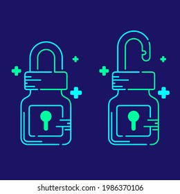 Logo covid-19 vaccine lock bottle keyhole with cross icon, Vaccination Campaign problem exit concept design illustration blue, green color isolated on dark blue background