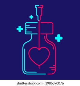 Logo covid-19 vaccine Love Heart symbol in bottle and Syringe Tip with cross icon, Vaccination Campaign sponsor support concept design illustration blue, pink color isolated on dark blue background
