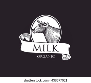 Logo Cow In A Cameo With Ribbons. Vector Illustration In Vintage Engraving Style. Grunge Label For Milk Product. Sticker Depicting Cattle. Isolated. Eps10 Illustration