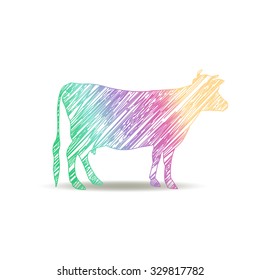 logo cow painted with the colors of the rainbow.