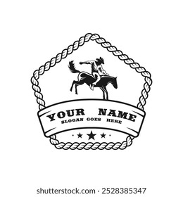 Logo cowboy rodeo. Retro Rodeo logo with equestrian silhouette. Wild west vintage rodeo badge. Vector illustration.