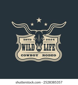 Logotipo do rodeio de cowboy. Logotipo Retro Rodeo com silhueta equestre. Selvagem oeste vintage distintivo de rodeio. Ilustração vetorial.