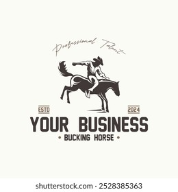 Logo Cowboy Rodeo. Retro Rodeo Logo mit Reitsilhouette. Wild-West-Vintage-Rodeo-Abzeichen. Vektorgrafik.