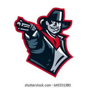 Logo cowboy shooting from a revolver. Wild west, bandits, sheriff, crime. Mascot, sticker, emblem. Sports identity, vector illustration.