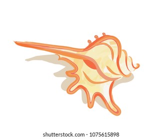Logo of cream colored sea shell with orange outlines lying horizontally and casting shadow isolated illustration on white background in cartoon style