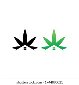 logo is created in the style of flat minimalist which forms the cannabis home. Vector illustration.