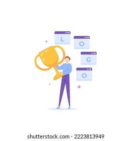 logo creation contests and competitions. logo making competition. the winner or the champion. a male participant is happy to win a competition and get a trophy. illustration concept design. graphic el