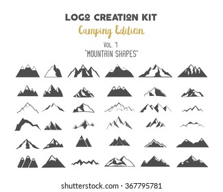 Logo creation kit bundle. Camping Edition set. Mountain vector shapes and elements Create your own outdoor label, wilderness retro patch, adventure vintage badges, hiking stamps. Check out all volumes