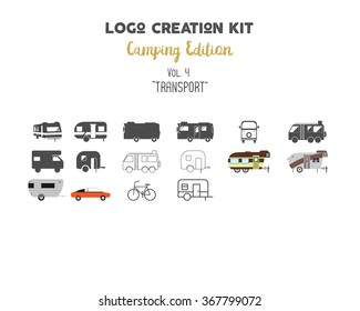 Logo creation kit bundle. Camping Edition set. Transport for travel vector shapes and elements - rv. trailer. Create your own outdoor label, wilderness retro patch, adventure badges, hiking stamps.