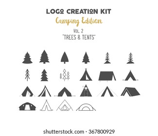 Logo creation kit bundle. Camping Edition set. Trees vector shapes and tents elements. Create your own outdoor label, wilderness retro patch, adventure vintage badges, hiking stamps, travel emblems