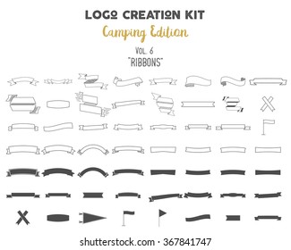 Logo creation kit bundle. Camping Edition set. Ribbons vector shapes and elements Create your own outdoor label, wilderness retro patch, adventure vintage badges, hiking stamps. Check out all volumes