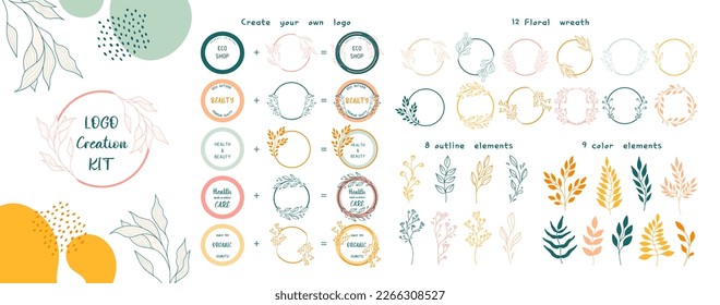 Logo creation kit. Create a logo for your brand. Set of hand-drawn botanical wreaths. Perfect for beauty and care, eco-friendly, and organic brands.