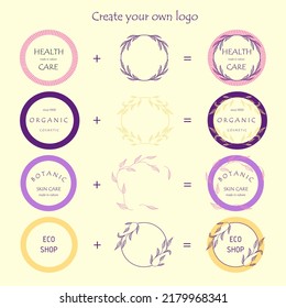 Logo creation kit. Set of the hand-drawn botanical wreaths. Organic themed frames. Create your own logo.