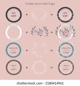 Logo creation kit. Set of the hand-drawn botanical wreaths. Organic themed frames. Create your own logo.