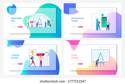 Logo Creation Landing Page Template Set. Tiny Graphic Designer Characters Drawing Logotype for Company Branding. Creative Profession, People Sketching, Drawing Artwork. Cartoon Vector Illustration