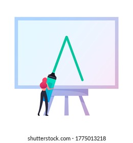 Logo-Kreation, Skizzen, Zeichnen von Kunstwerken Konzept. Tiny Female Graphic Designer Charakter Erstellen Sie Logotype für das FirmenBranding. Kreatives Beruf, Girl-Malerei auf Easel. Cartoon-Vektorgrafik