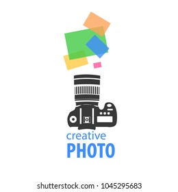 Logo creative photography. Camera: Camera silhouette shooting colorful photographs. Studio Vector image