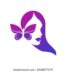 Logo creatively combines a stylized butterfly and a woman’s profile