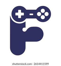 The logo creatively integrates elements of gaming and typography. It features a dark blue design where the letter "F" is stylized to resemble a game controller