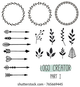 Logo creator. Vintage hipster logo elements with arrows, plants, badges. Hand drawn elements template constructor for brand identity and logo design. 