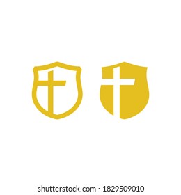 logotipo de una cruz dentro de una forma de escudo curvo clásica