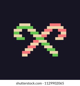 Сhristmas logo, crossed candy, pixel art icon. Isolated vector illustration. Design for stickers, logo, app. 