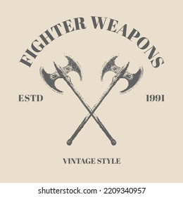 Logo Crossed knife drakkar, axe, sword, thor amulet with runes. Vintage Retro vector style. illustration isolated on cream background. Hand drawn design element for poster, tattoo template design