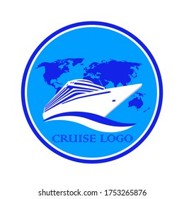 Logo with a cruise liner on a background of the map of the globe isolated on a white.