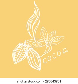 logo cup of cocoa with marshmallows and fruit of the cocoa leaves in a retro style