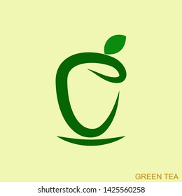 Logo of a cup of green tea with a leaf. Modern  design. Fashion print for clothes, cards, picture banner for websites. Vector illustration