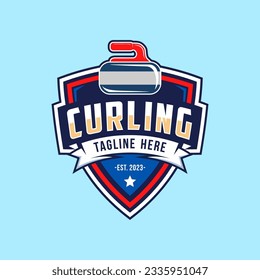 Logo para equipo deportivo de curling. Deporte de curado con piedra, placa y etiqueta de competencia, ilustración vectorial