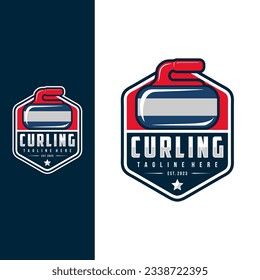 Logo para equipo deportivo de curling. Deporte de curado con piedra, placa y etiqueta de competencia, ilustración vectorial