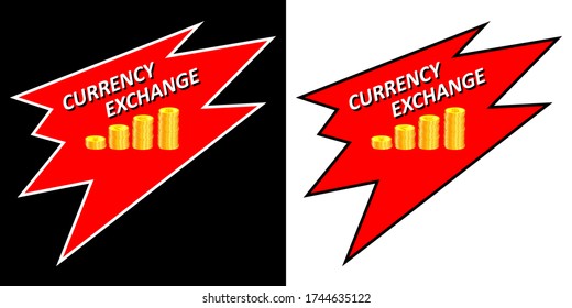 Logo - Currency exchange with stacks of gold coins of different countries in the form of a growing graph. Against the background of red stroke, arrows. Swift silhouette. Isolated background