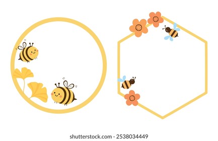 Logo with cute bee cartoon, ginkgo leaves, orange flower, circle and hexagon signs isolated on white background vector.