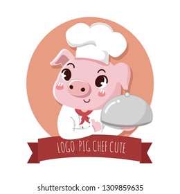 logo cute and friendly pig chef holds a delicious steak pork dish.