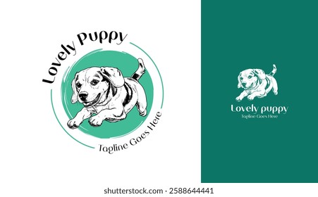 Logo of a cute jumping puppy dog suitable for pet business and dog lovers