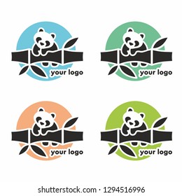 Logo with a cute panda. Set of colored logos with panda. Logo for a shop, cafe, art space, school, kindergarten. Children's illustration.