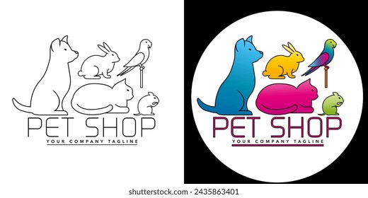 Logo para una tienda de mascotas linda - ilustrado con un perro, un gato, un conejo, un loro y un hámster - 2 versiones: en contorno negro y en color.