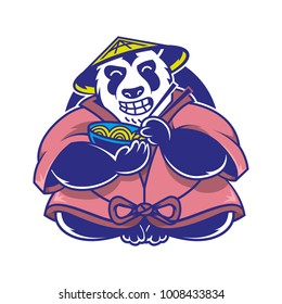 Logo cute and really big cartoon Chinese panda which smile and keep eat bowl of noodles. icon isolated white background. vector modern style illustration character food animal concept. Graphic design.