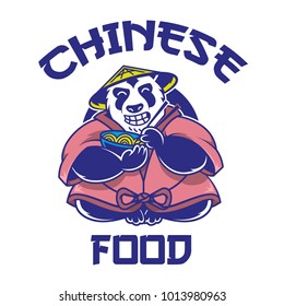 Logo cute and really big cartoon Chinese panda which smile and keep eat bowl of noodles. icon isolated white background. vector modern style illustration character food animal concept. Graphic design.