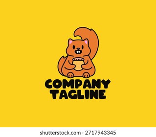 Ilustración linda de la mascota de la ardilla del logotipo que sostiene una bellota con el texto atrevido del lema de la compañía. Estilo amistoso del Vector de la historieta ideal para el logotipo, la marca, la puesta en marcha, y los proyectos del diseño de los niños, refugio animal