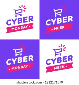 Logo for cyber monday offer. Label for promotion event. Marketing action cyber sale. Vector. Cyber week.