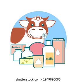 Logo of dairy products. Vector cartoon character cow and dairy farm products.