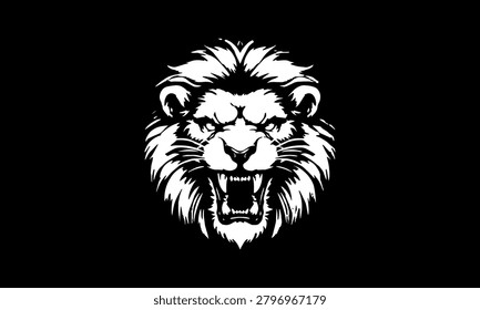 Logo dan ikon kepala singa monokrom pada latar belakang hitam.