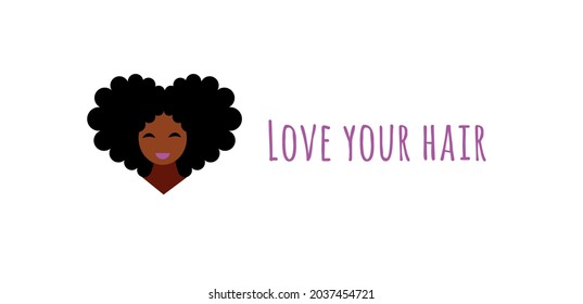 Logo dark-skinned girl with curly hair in the shape of a heart. Lettering - love your hair.